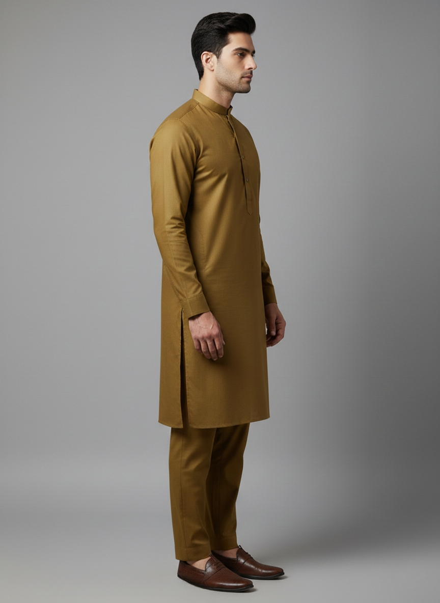 Unstitched Men’s Tobacco Gold Shalwar Kameez