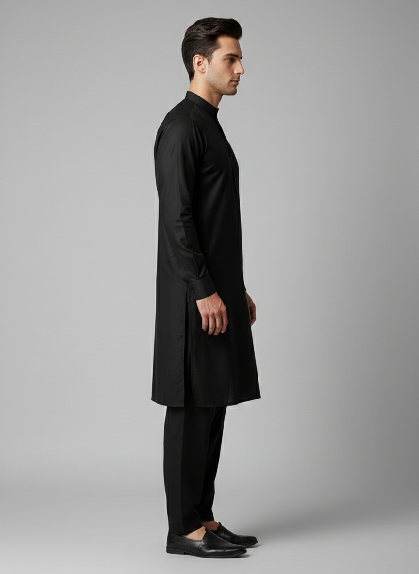 Unstitched Men's Jet Black Shalwar Kameez